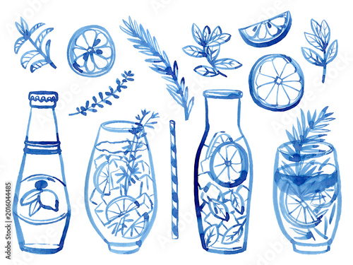 Watercolour hand drawn drinks and lemonades collection with lemon, mint, rosemary and thyme, use as print, poster, card, invitation, menu design, textile, package, wrapping paper, label, sticker.