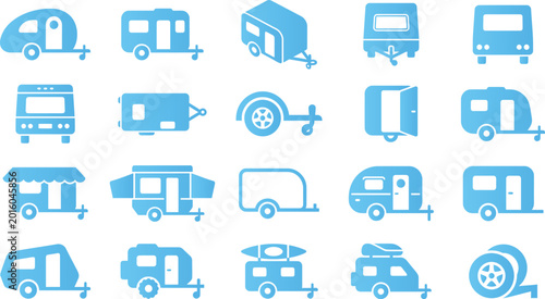 Obraz na plátně Set of blue flat icons for camping trailers and recreational vehicles on white background