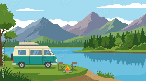 Фотография Teal and white camper van parked.