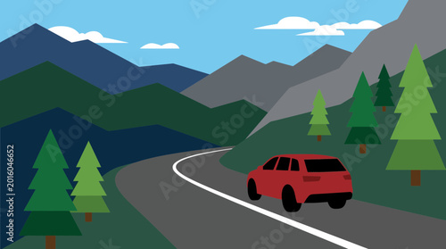 Bild auf Leinwand Red Car on Winding Mountain Road.