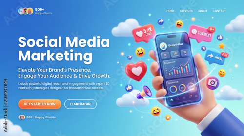 Social media marketing concept with smartphone analytics and digital engagement icons for online business promotion design
