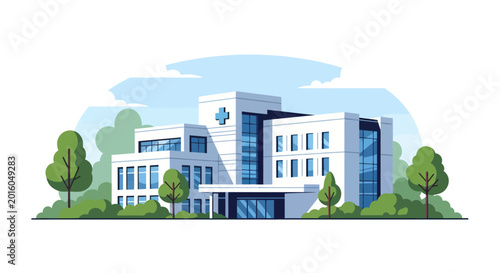 Fotografie Modern hospital building with trees and sky
