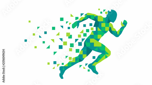 Foto Geometric mosaic runner silhouette with speed effect on white background