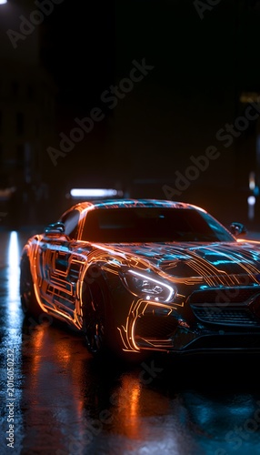 Futuristic Cybernetic Mercedes AMG GT glows on a wet city street cinematic neon design