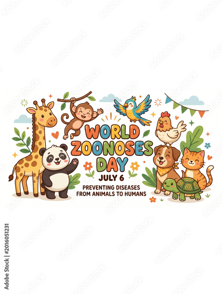 Naklejka premium World zoonoses awareness illustration with cute animals and public health education theme for disease prevention campaign
