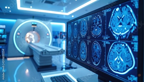 A modern medical facility showcases an MRI scanner and a monitor displaying detailed brain scans, highlighting advancements in diagnostic imaging and healthcare technology.