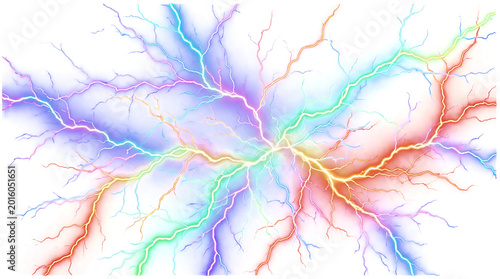 Colorful neural network illustration with glowing branching lines on transparent background