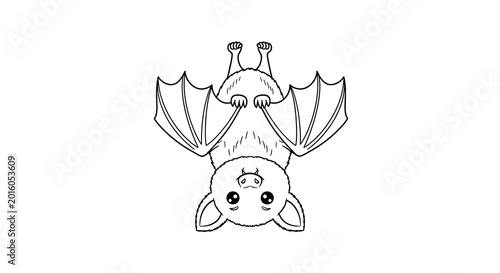 Cute bat hanging upside down as a black and white coloring page drawing