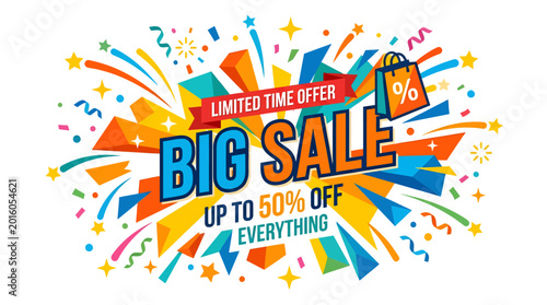 Vibrant colorful sale banner with discounts and confetti exploding