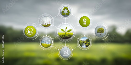 Abstract ESG concept with interconnected environmental social governance icons and data visualization network representing integrated sustainability