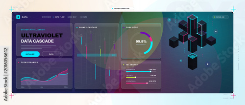 Photography Dark ultraviolet data cascade dashboard with binary code flow, isometric core nodes, efficiency gauge, telemetry sliders and neon analytics panels