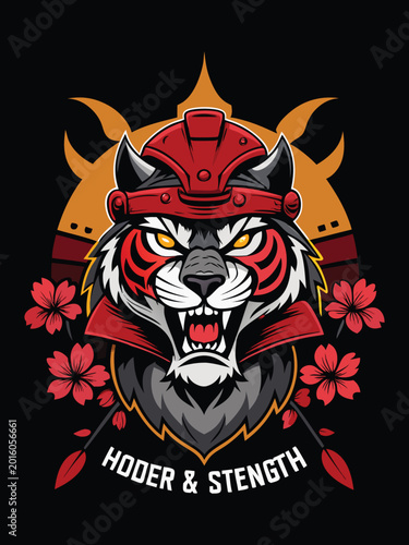 Fierce tiger head wearing red samurai helmet and armor with cherry blossoms and crossed spears on black background