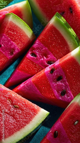 Triangles of sliced watermelon on a dark background.