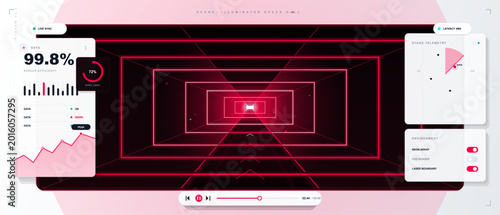 Slika na platnu Futuristic neon corridor dashboard with glowing red tunnel perspective, render e