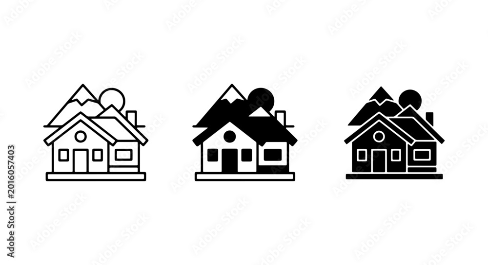 Fototapeta premium Mountain House Icons, Residential Building Graphics, Nature Landscape Home Symbols