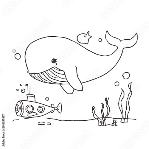 Huge Friendly Whale and Tiny Submarine Underwater Line Art