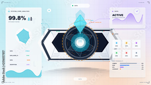 Photos Futuristic game reward interface with glowing blue crystal above circular scanner, data panels, charts, and clean digital grid background