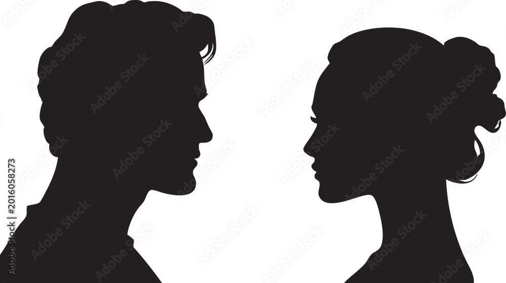 Fototapeta premium A black silhouette profile of a man and a woman are positioned facing each other against a white background, symbolizing connection or conversation.