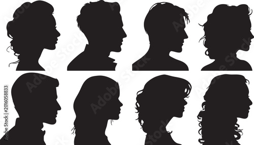 Ten distinct black silhouette profiles of men and women with varying hairstyles are arranged on a white background, offering a diverse representation of individuals.