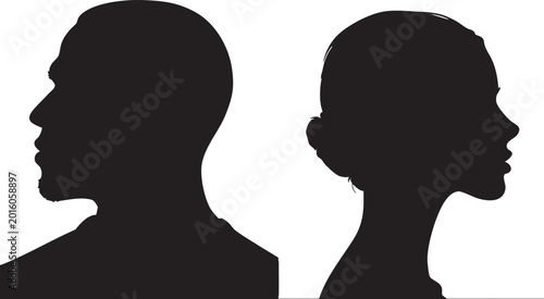 Billede på lærred A man and a woman's black silhouette profiles are positioned side by side facing away from each other on a white background, suggesting divergence or independence