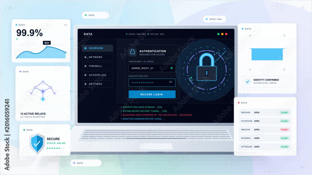 Fototapeta premium Personal data protection dashboard on laptop with authentication login, padlock scanner, encrypted relays, firewall rules and secure status panels