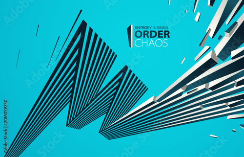 Fotografia Debris particles exploding in chaos vector abstract background, entropy is rising to decay and disorder, elements flying in motion, 3D wallpaper