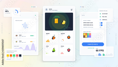 Photos Futuristic vector dashboard for compiling retro pixel fruit assets, with 8-bit icons, color palette cards, grid maps, and soft UI panels