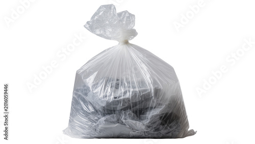 Fotografie Full transparent plastic garbage bag filled with crumpled paper, isolated on tra