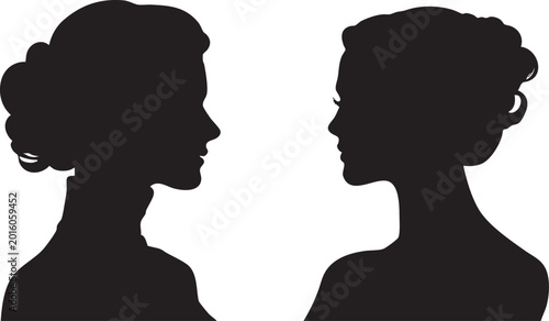 Fotografie Two black silhouette profiles of women with sophisticated updos gazing at each other, representing mutual admiration or deep connection