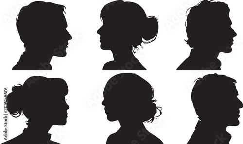Quadro em tela Six black silhouette profiles, including men and women with distinct hairstyles, arranged in two rows, representing a small, diverse group