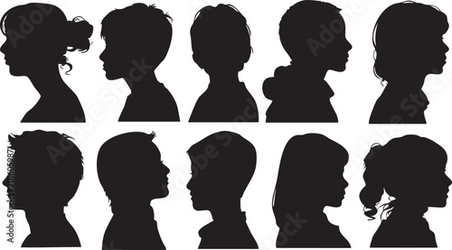 Schilderij op canvas Ten individual black silhouettes are arranged in two rows against a white background, showcasing a variety of hairstyles and implied ages, including children and adults