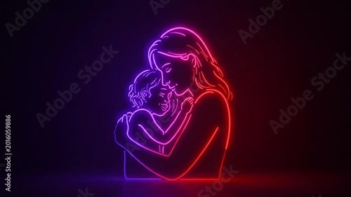A neon silhouette of a mother and child expressing deep love.