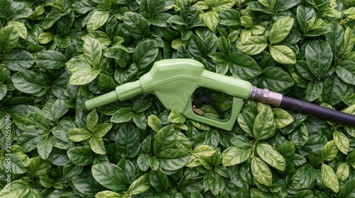 Green fuel pump nozzle emerging from dense lush leaves to represent sustainable energy and environmental conservation.