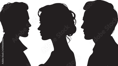 A group of eight black silhouette profiles showing diverse hairstyles and gender representations against a plain white background.