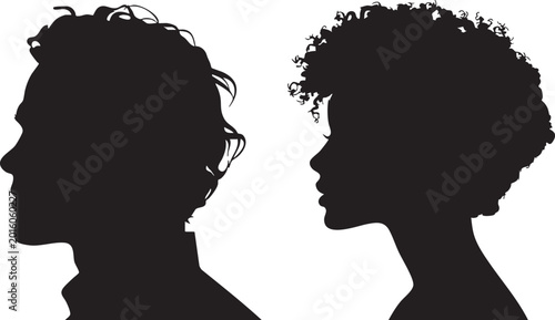 Bild auf Leinwand Two silhouetted heads, a man with curly hair and a woman with voluminous natural hair, face each other in profile against a white background, symbolizing a meaningful encounter