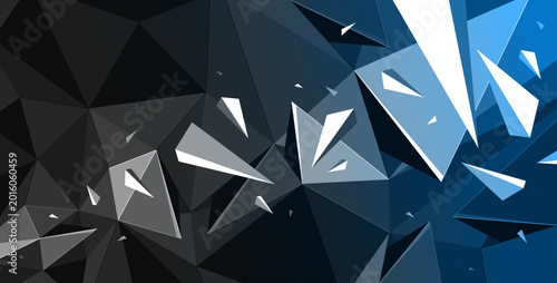Fotografie Mess and order concept, vector abstract background with low poly surface and dynamic particles in motion, chaos decay explosion with flying debris