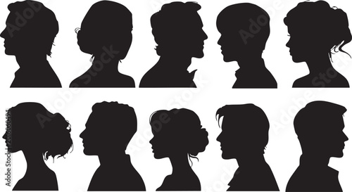 Photos Ten black silhouette profiles of people are arranged on a white background, displaying a spectrum of hairstyles and implied individuality within a collective representation