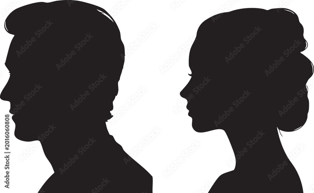 Fototapeta premium A man and a woman's profiles are shown in black silhouette facing each other, separated by a vertical line on a white background, symbolizing connection.