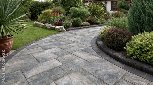 Modern garden patio featuring grey porcelain tiles framed by elegant curved dark brick borders.