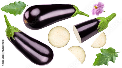 eggplants isolated on white background. top view. clipping path