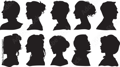 Foto A group of ten distinct individuals are portrayed as black silhouettes in profile against a white canvas, highlighting their unique hairstyles and subtle facial features