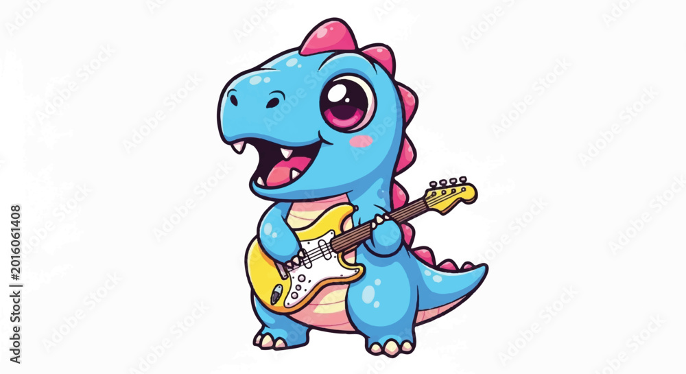 Obraz premium Cute Blue Dinosaur Playing Electric Guitar Cartoon.