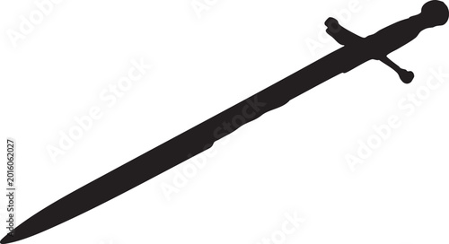 A long black silhouette of a medieval sword held at an angle, suggesting combat, history, and knightly prowess on a white background.