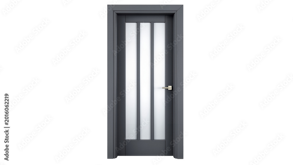 Obraz premium Modern dark gray interior door with frosted glass panels, isolated on transparent background