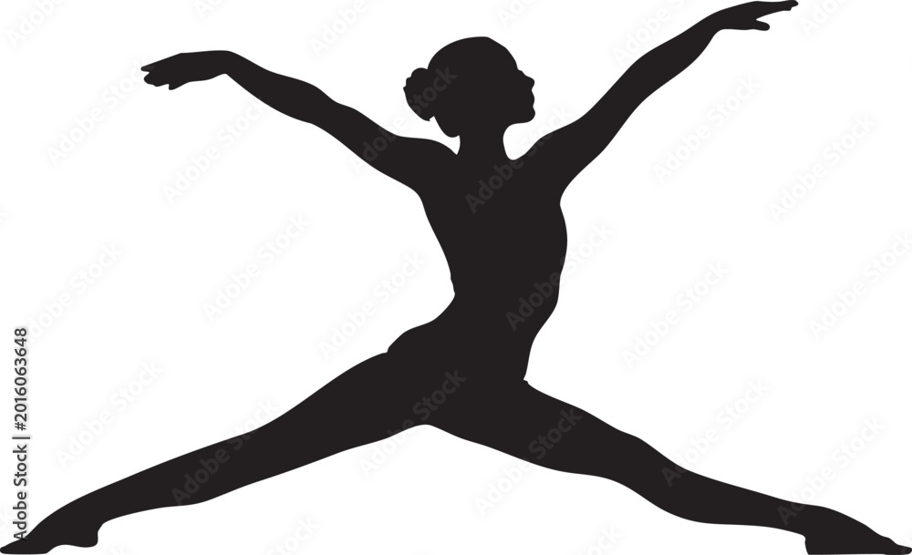 Fototapeta premium A silhouette of a woman performing a dynamic dance move, with legs spread wide and arms extended, representing freedom and expression.