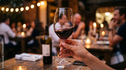 A hand holding a glass of red wine at a restaurant table with people in the background