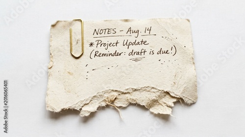 Torn paper note with paperclip on white background says project update reminder
