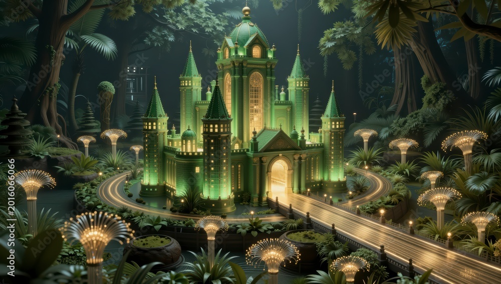 Fototapeta premium Enchanted Green Crystal Castle in Magical Forest