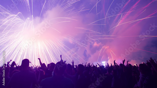 Thrilled crowd watching spectacular fireworks illuminate the night sky during a vibrant outdoor celebration