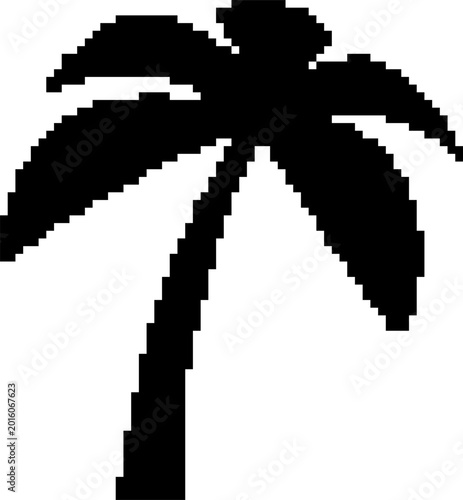 Pixel art vector illustration of a leaning palm tree silhouette in 8-bit style on transparent background.